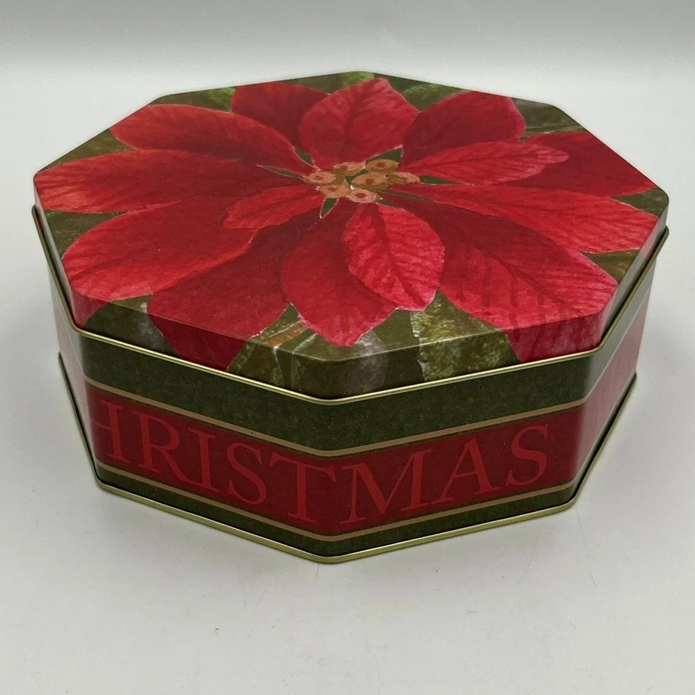 Winterhill Studios Christmas Tin Unisex OS Red NWOT Poinsettia Octagon